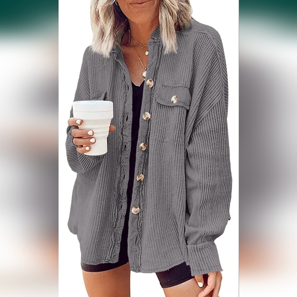 Gray Shacket Yanekop Womens Waffle Knit Shacket Boyfriend Shirt Jacket Button